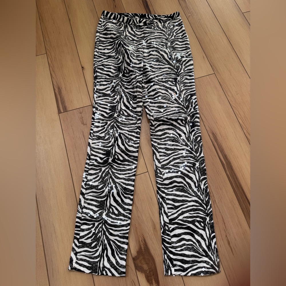 Cache Zebra Print Straight Leg Sequined Pants sz 6